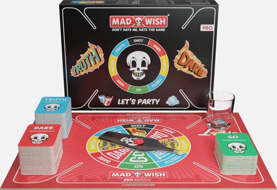 Mad Party Games MadWish Pro 250 Truth or Dare opdrachtkaarten- Do or drink Drankspel Spelletjes voor Volwassenen Shotglaasje inbegrepen