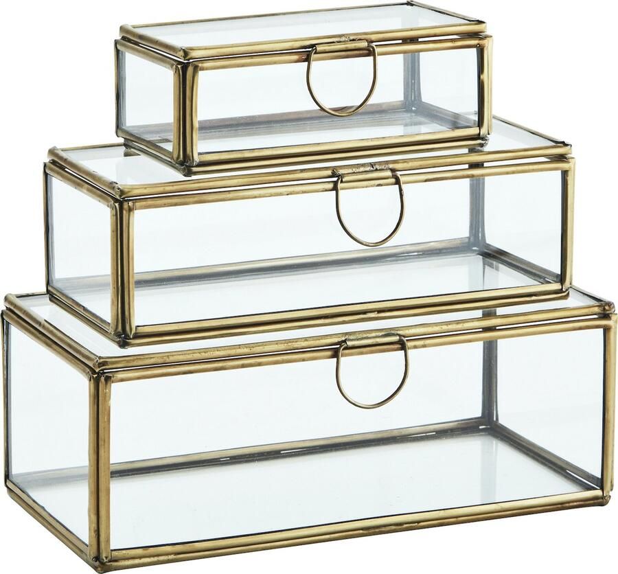 Madam Stoltz set van 3 glazen Boxen S messing 10x4x3cm 13x5 5x5cm 15x7x5 5cm