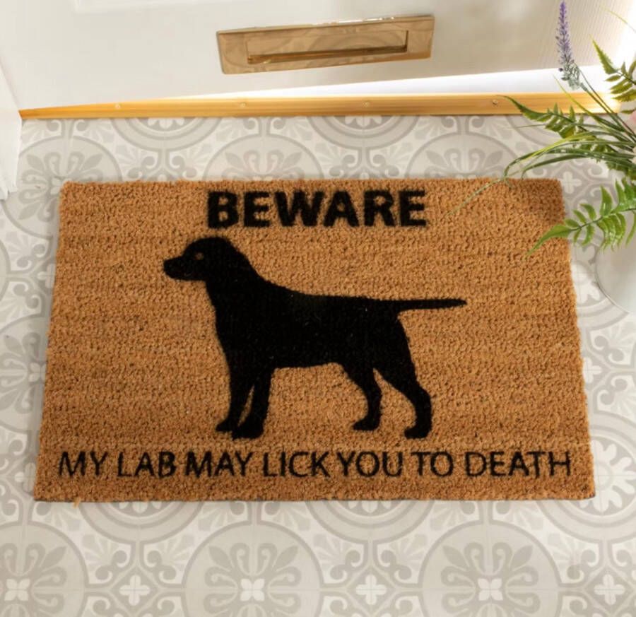 MadDeco kokos deurmat Beware my lab may lick you to death labrador duurzaam gemaakt in europa 60 x 40 cm