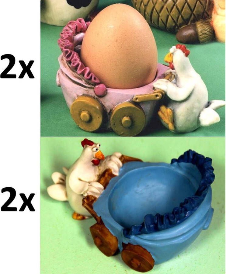 MadDeco Paolo Chiari Eierdopjes setje van 4 kippen 2 rose 2 blauw met kinderwagen Pasen Geboorte kraamcadeau