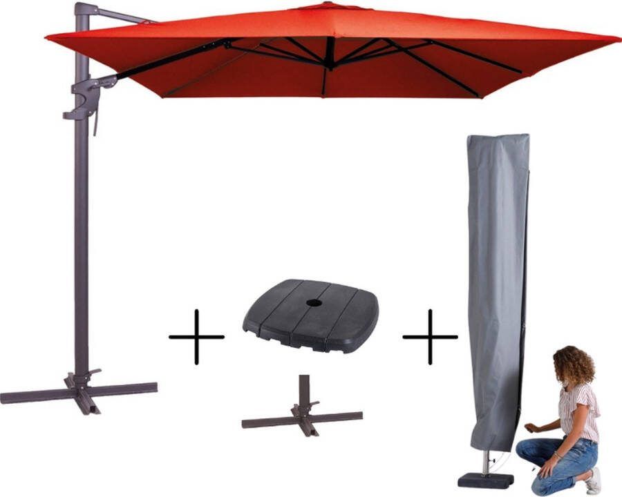 Madison MEGA COMBI DEAL! Parasol monaco flex III brick red + voet + hoes
