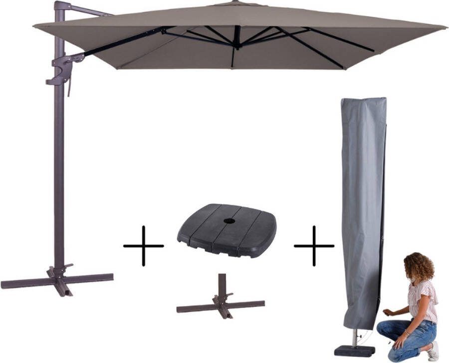 Madison MEGA COMBI DEAL! Parasol monaco flex III taupe + voet + hoes