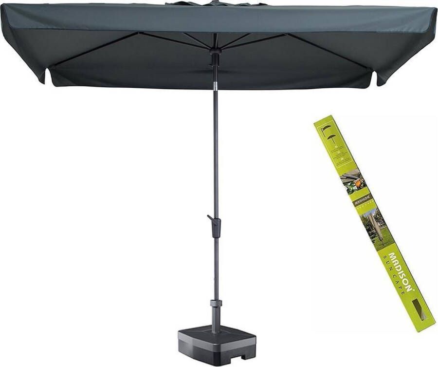 Madison Parasol rechthoek met voet en hoes Delos Grijs 200 x 300 | Complete parasol voor de tuin van het bekende merk