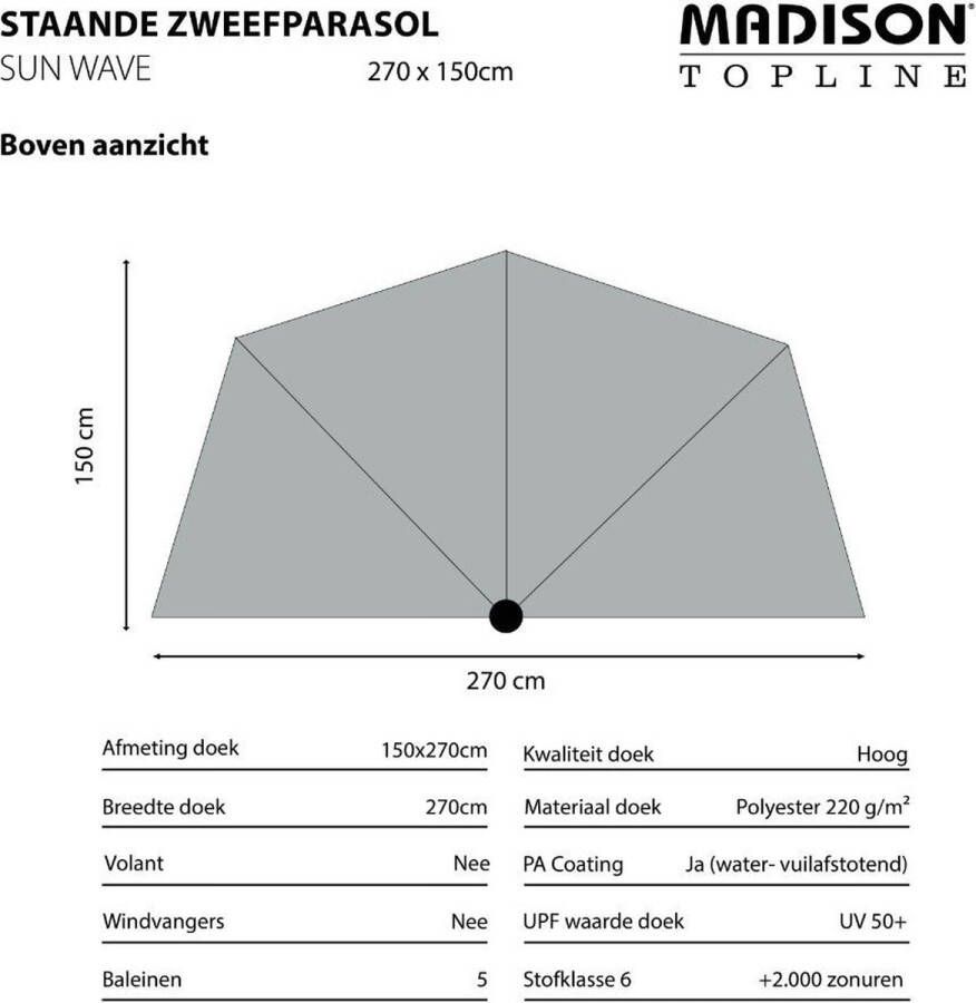 Madison Balkonparasol Topline Sun Wave Grijs 270x150cm