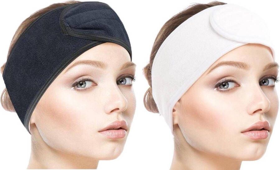 MAELA BEAUTY & HAIR Verstelbare hoofdband haarband Premium spa hoofdband Wasbare spa hoofdband Schoonheidsspecialist verstelbaar Badstof hoofdband Professioneel Persoonlijk gebruik Klittenband Duo-Pack Antibacterieel hoofdband Zwart Wit