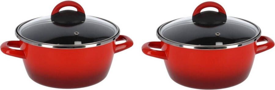 Magefesa Set van 2x stuks rvs rode kookpan pan met glazen deksel 16 cm 1 liter Kookpannen