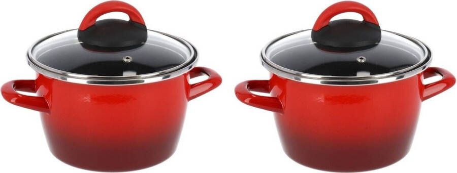 Magefesa Set van 2x stuks rvs rode kookpan pan met glazen deksel 16 cm 3 liter Kookpannen
