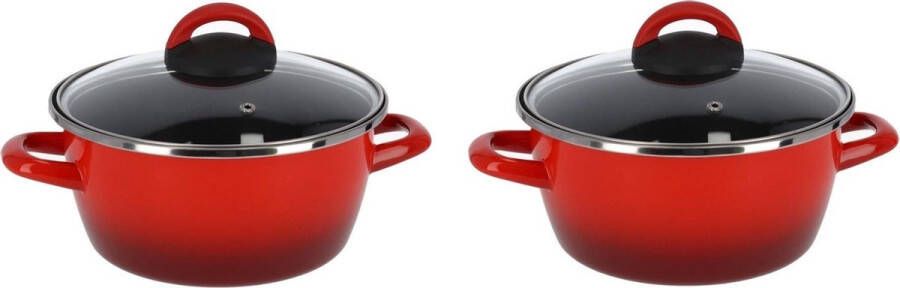 Shoppartners Set van 2x stuks rvs rode kookpan pan met glazen deksel 20 cm 5 liter Kookpannen