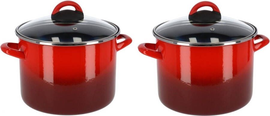 Shoppartners Set van 2x stuks rvs rode kookpan pan met glazen deksel 22 cm 9 liter Kookpannen