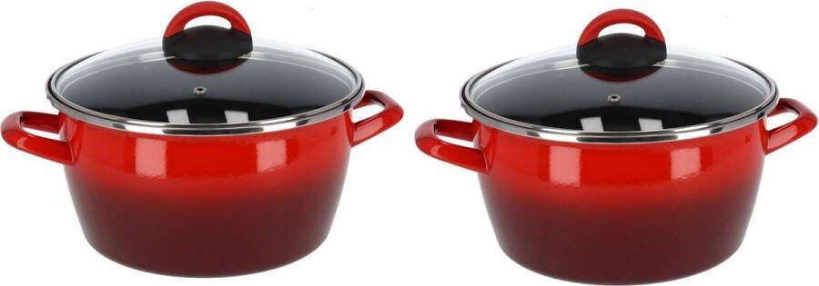 Shoppartners Set van 2x stuks rvs rode kookpan pan met glazen deksel 24 cm 10 liter Kookpannen
