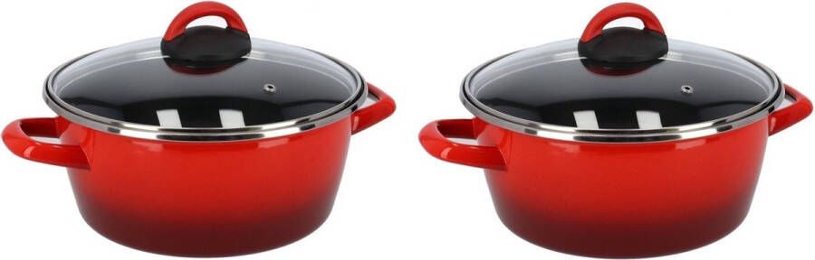 Shoppartners Set van 2x stuks rvs rode kookpan pan met glazen deksel 24 cm 8 liter Kookpannen