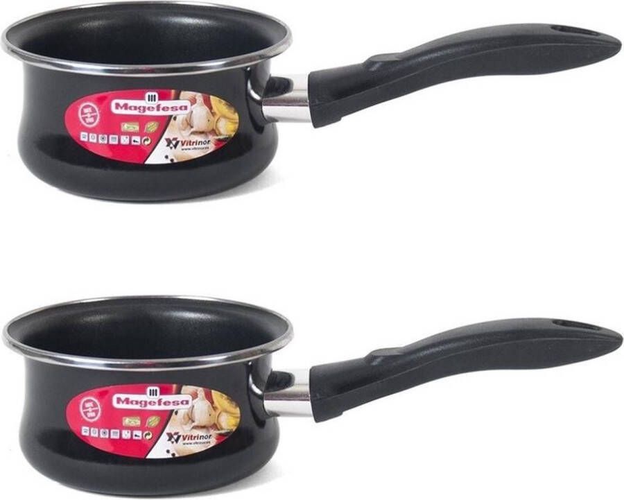 MAGEFESA Set van 2x stuks steelpan sauspan zwart anti aanbaklaag 16 cm 2 liter Voor o.a. saus en jus Steelpannetjes