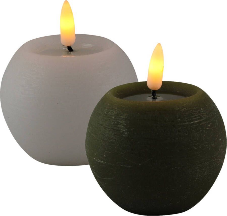 Magic Flame LED kaarsen bolkaarsen 2x- rond olijf groen en wit -D8 x H7 5 cm LED kaarsen