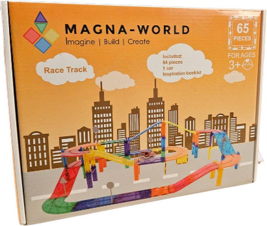 Magna-World Race Track 65 stuks Magnetisch speelgoed Racebaan Magnetische bouwstenen Montessori speelgoed STEM speelgoed Magnetic Tiles Compatibel met de grote merken