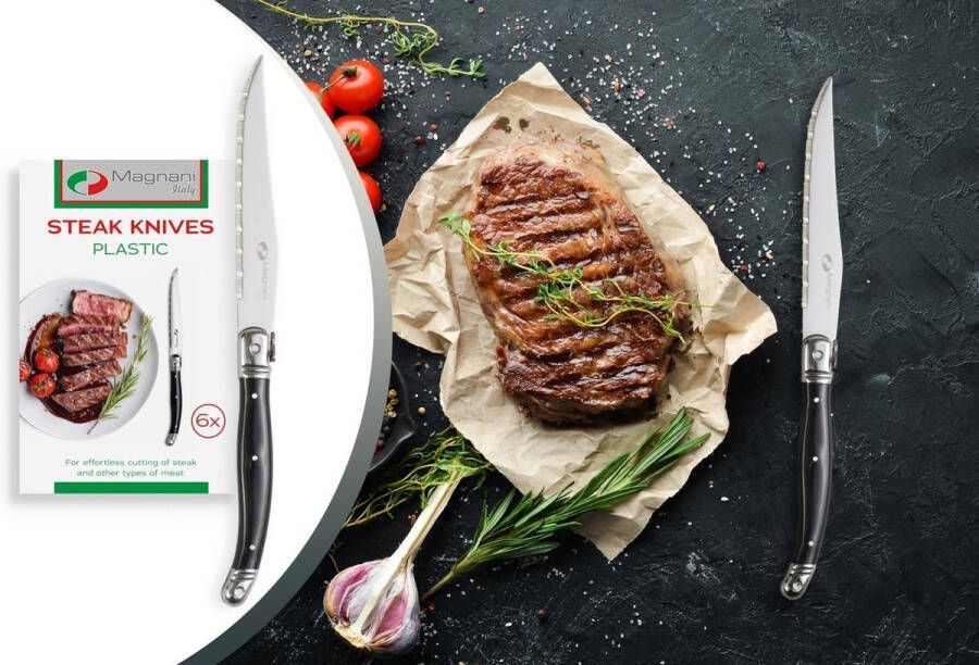 Magnani 6 Steakmessen Vleesmes Kunststof Handgreep RVS Gekarteld Snijblad Dikte 1 5 mm Brengt Geen Geur of Smaak Over