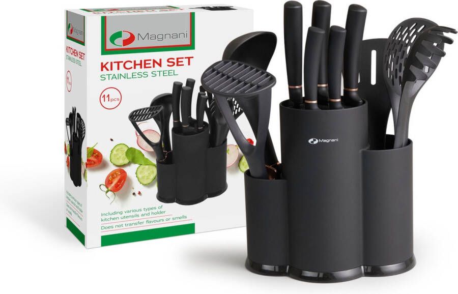 Magnani Keukenmessen en Keukengerei Set 11-Delige Set in Standaard RVS Messenset Zwarte Keukengereihouder Messenblok voor Keuken