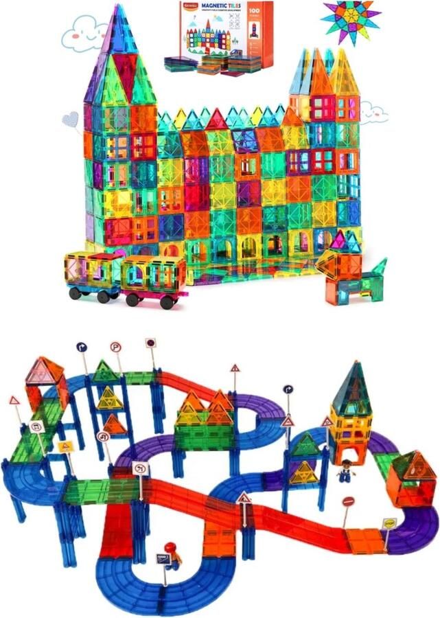 Magneetfeest (by Gemmicc) Magnetisch speelgoed 221 stuks Racebaan 121 onderdelen Magnetische tegels 100 stuks Trein Gemmicc Magnetic Tiles Magnetic toys Open ended Bouw je Magna wereld Magneet speelgoed