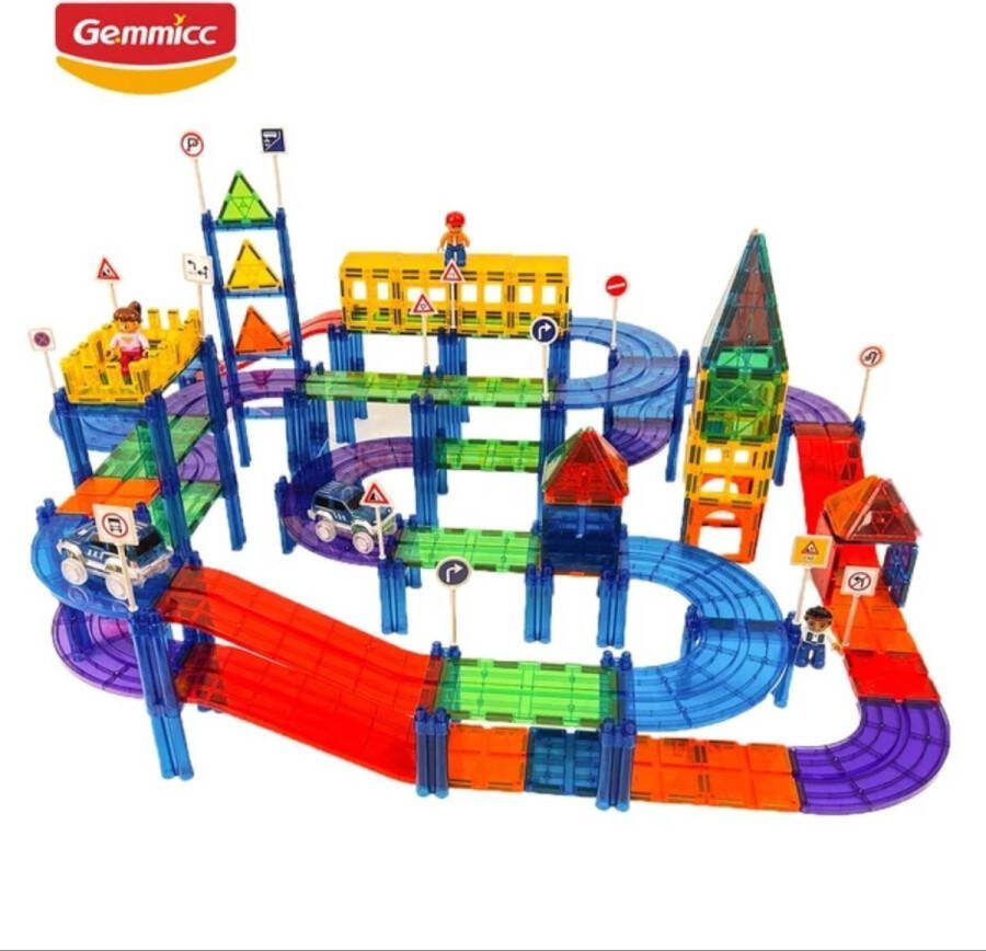 Magneetfeest (by Gemmicc) Magnetisch speelgoed Racebaan 184 onderdelen Magnetische tegels Gemmicc Magnetic Tiles Magnetic toys Open ended Bouw je Magna wereld Magneet speelgoed