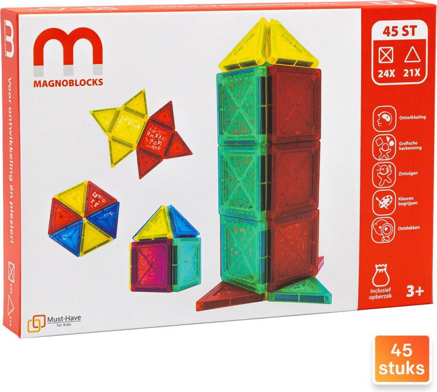Must-Have for Kids MagnoBlocks 45st Magnetische Bouwblokken Magna Tiles Magnetische Bouwstenen Magnetic Blocks Speelgoed Jongens & Meisjes 4 Jaar 5 Jaar 6 Jaar 7 Jaar Magnetisch Speelgoed Magformers Montesorri Speelgoed Bouwblokken Bouwen