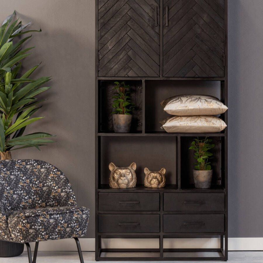 Mahom Mangohouten Vakkenkast Toronto Black 90 cm Industrieel Vitrinekast van Mangohout & Metaal Industriële Buffetkast