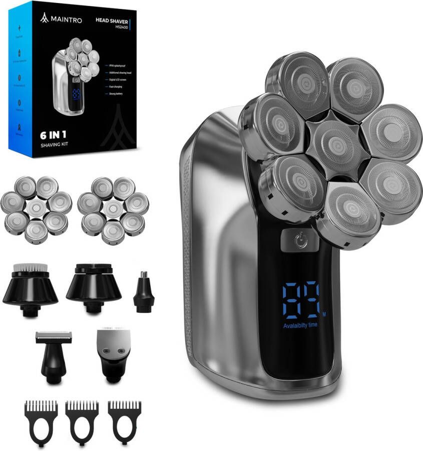 Maintro HS2400 Pro 6 in 1 Scheerapparaat Mannen Scheerapparaat Skull Shaver Gezicht en Hoofd Trimmer Tijdelijk Gratis Extra Scheerkop Nat en Droog Scheren
