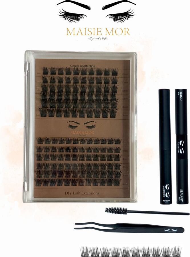 Maisie Mor Nepwimpers Cluster Wimpers Kit 132 Individuele Wimpers (10-14 mm C-Krul) Wimperlijm bond Sealer Remover Tweezer