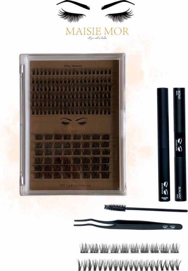 Maisie Mor Nepwimpers Cluster Wimpers Kit 168 Individuele Wimpers (10-14 mm C-Krul) Wimperlijm bond Sealer Remover Tweezer