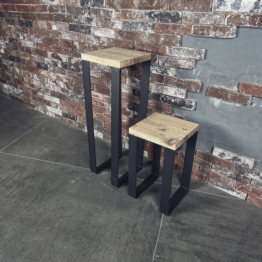 Maison dam 2x bloemenzuil – Plantenstandaard – Eikenhout en mat zwart metaal – Mat zwart L25 x B25 x H72 &42 cm