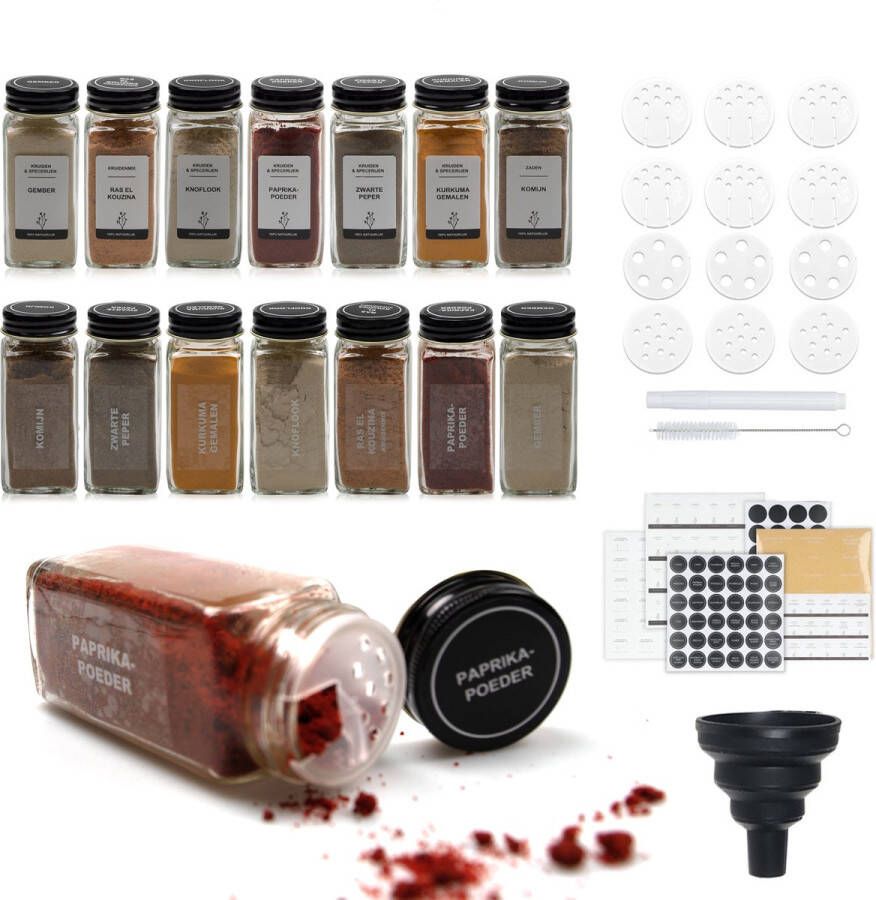 Maison & Kitchen 24 Glazen Kruidenpotjes Set met 3 Soorten Strooideksels – Kruidenstrooier – Compleet Pakket incl Kruidenpotjes Stickers Krijtstift en Accessoires Zwart