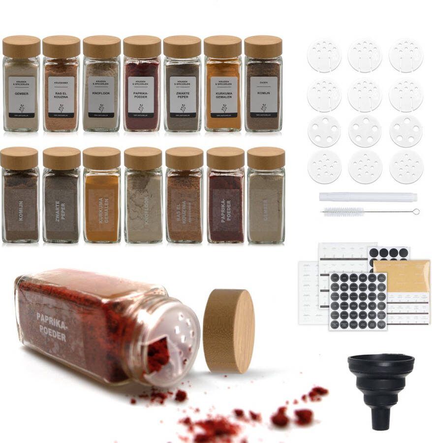 Maison & Kitchen 24 Glazen Kruidenpotjes met stickers Set met 3 Soorten Strooideksels – Kruidenstrooier – Compleet Pakket incl Kruidenpotjes vierkant Stickers Krijtstift en Accessoires Acacia Deksel