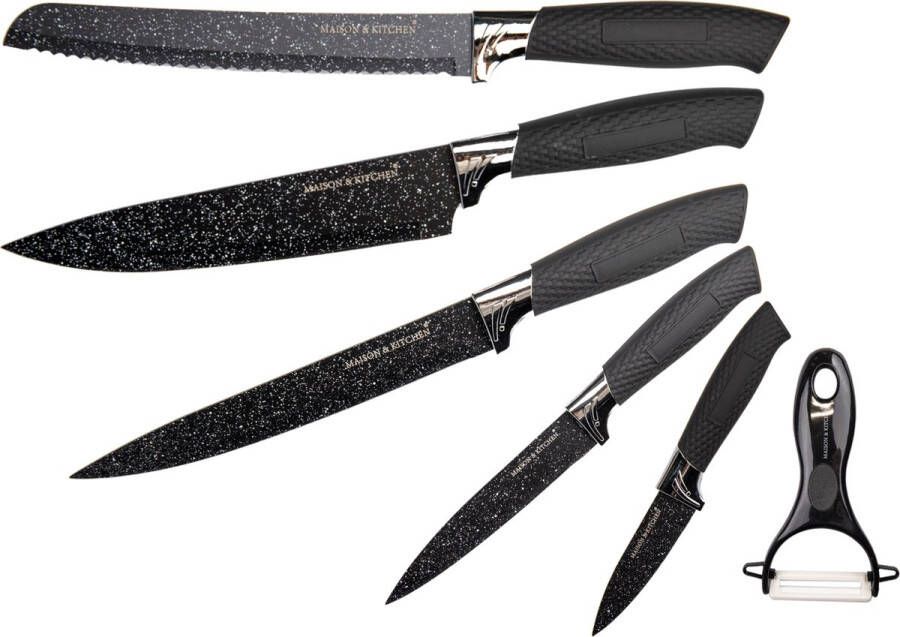 Maison & Kitchen Messenset 6-Delige luxe messensets Santoku-mes broodmes vleesmessen universeel mes schilmes en dunschiller antikleeflaag zwart