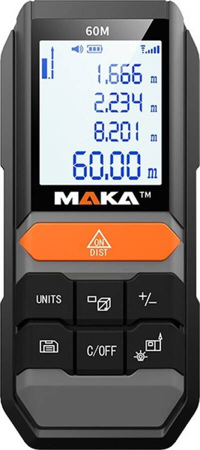 MAKA Digitale Laser Afstandsmeter 60 m Aanpasbare meetreferentie Geheugenfunctie Lasermeter