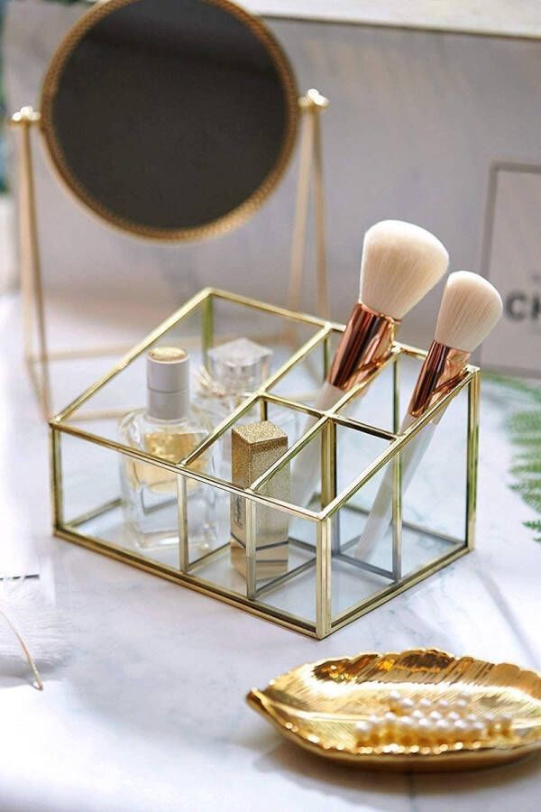 Make-up opslag goud Organizer Vintage 5 compartimenten cosmetische organizer Glas & metaal make-up opslag goud