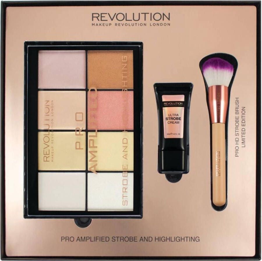 Makeup Revolution Amplified Strobe & Highlighting Set Highlighter Palette Strobe Cream & Brush