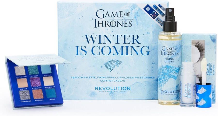 Makeup Revolution X Game Of Thrones Winter Is Coming Set Oogschaduwpalette + Fixing Spray make-up fixer + Shimmer Bomb lipgloss + Flutter False Eyelashes valse wimpers