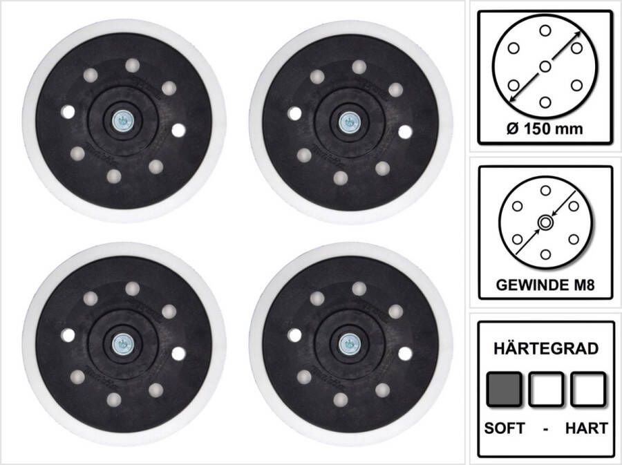 Makita 4x zachte schuurschijf voor excentrische schuurmachine slijpmachine 150 mm M8 ( 196684-1 )