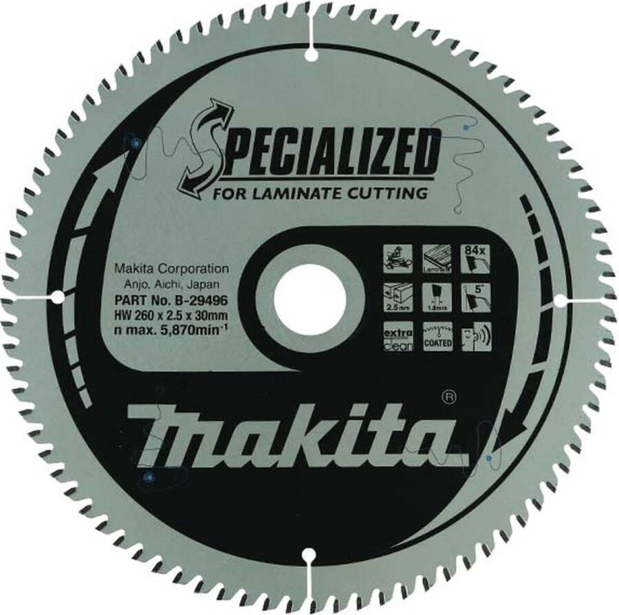 Makita Afkortzaagblad voor Laminaat Specialized: Laminaat Ø 260mm Asgat 30mm 84T B-29496