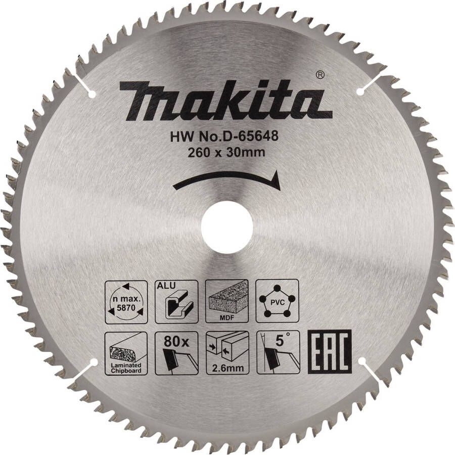 Makita Afkortzaagblad voor Multimaterial Standaard Ø 260mm Asgat 30mm 80T D-65648