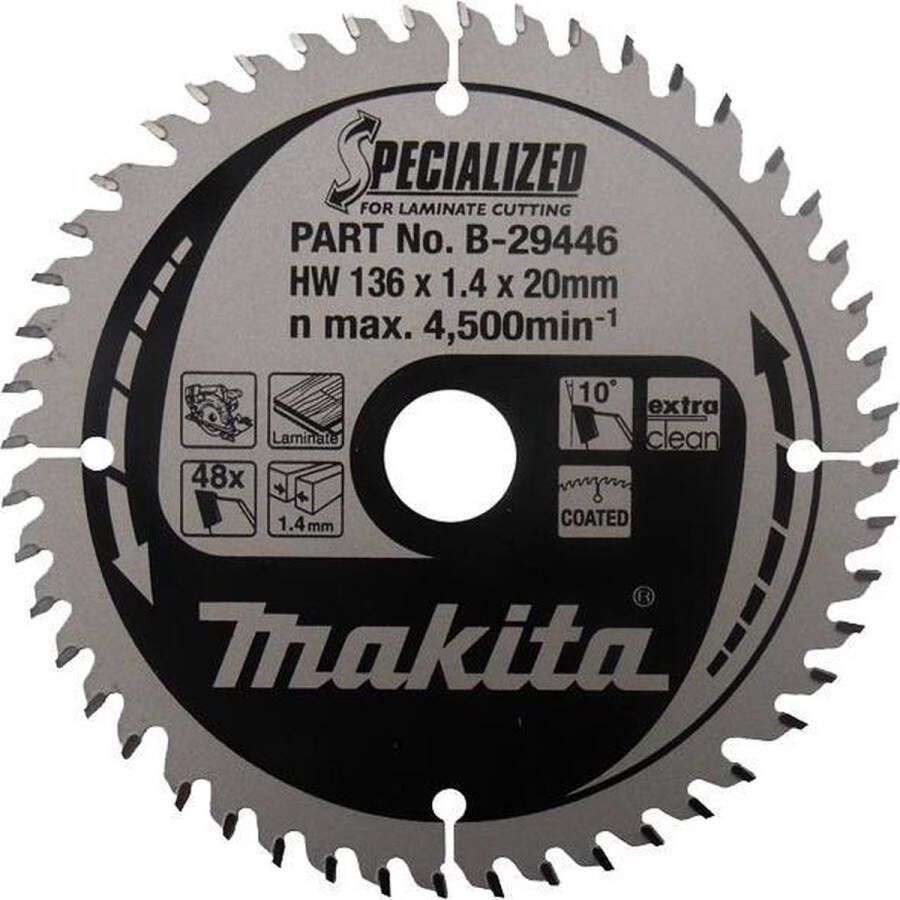 Makita Cirkelzaagblad voor Laminaat Specialized: Laminaat Ø 136mm Asgat 20mm 48T B-29446