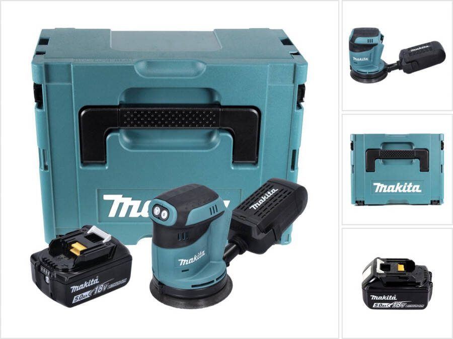 Makita DBO 180 T1J 18 V 125 mm accu excentrische schuurmachine + 1x 5.0 Ah accu + Makpac zonder lader