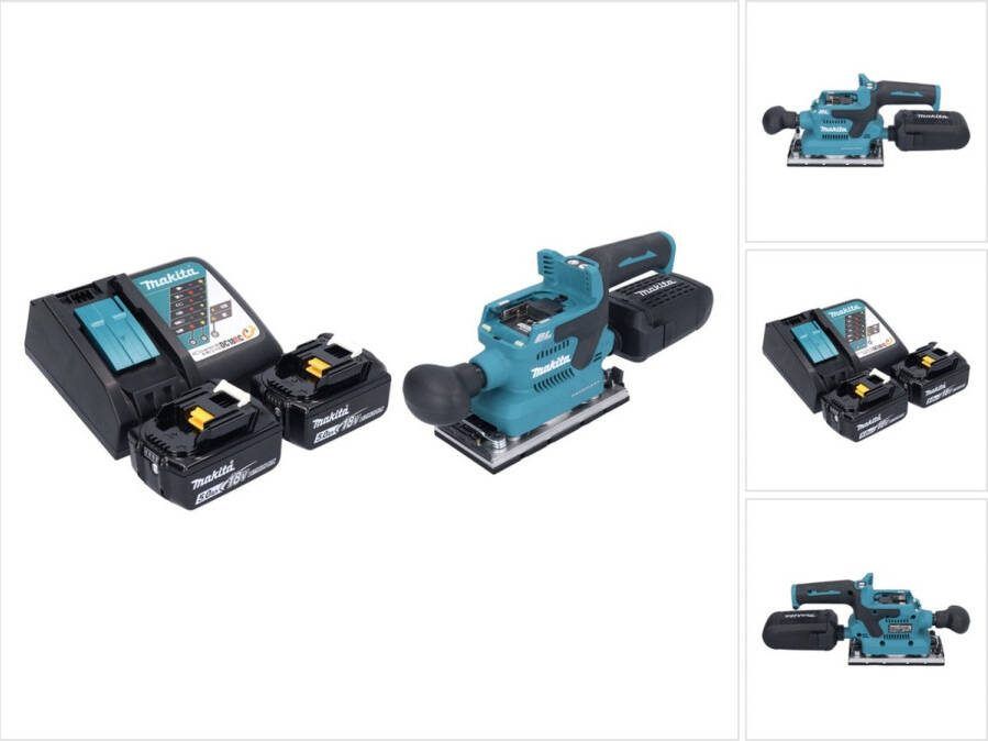 Makita DBO 382 RT accu vlakschuurmachine 18 V 93 x 185 mm borstelloos + 2x accu 5.0 Ah + lader