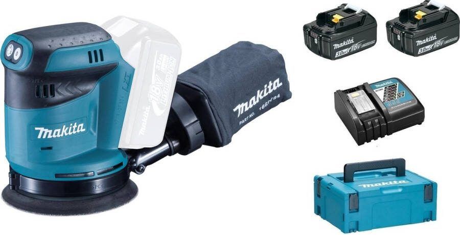 Makita DBO180RFJ 18V Li-Ion Accu excentrische schuurmachine set (2x 3.0Ah accu) in Mbox 125mm