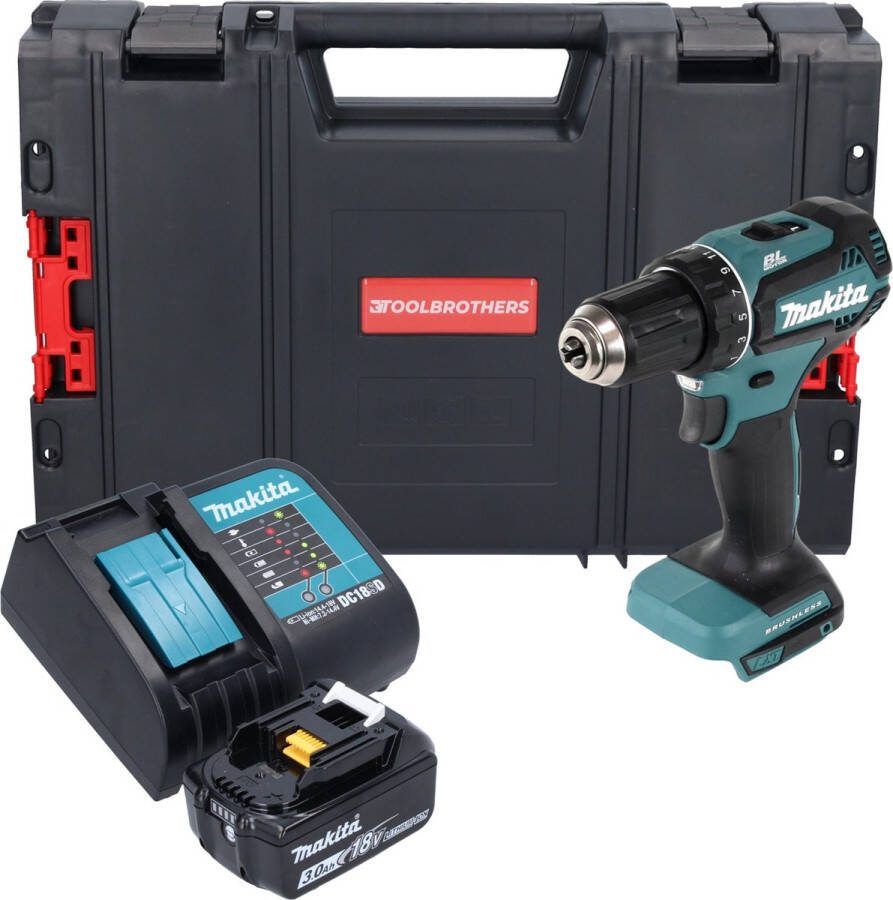 Makita DDF 485 SF1J-R accuboormachine 18 V 50 Nm borstelloos + 1x oplaadbare accu 3.0 Ah + lader + RHINO
