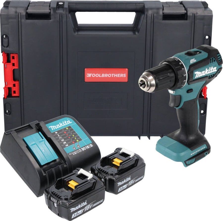 Makita DDF 485 SFJ-R accuboormachine 18 V 50 Nm borstelloos + 2x accu 3.0 Ah + lader + RHINO