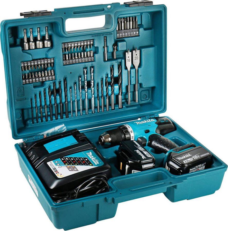 Makita DDF453SFX1 18V Li-Ion Boor- schroefmachine set 2 accu's en lader 74-delige accessoireset