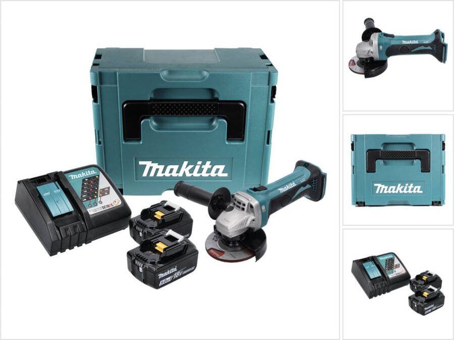 Makita DGA 452 RTJ accu haakse slijper 18 V 115 mm + 2x accu 5.0 Ah + lader + Makpac