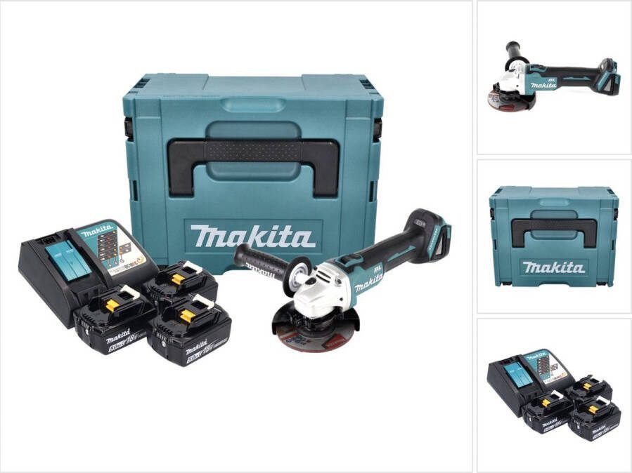 Makita DGA 504 RT3J accu haakse slijper 18 V 125 mm borstelloos + 3x accu 5.0 Ah + lader + Makpac
