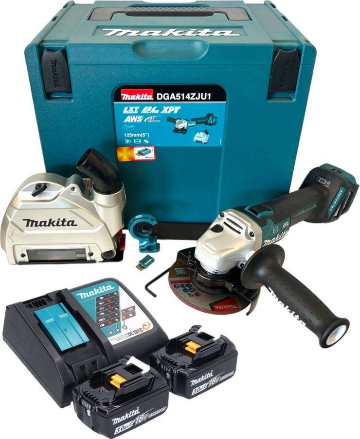 Makita DGA 514 RFJU1 accu haakse slijper 18 V 125 mm borstelloos + 2x accu 3.0 Ah + lader + Makpac