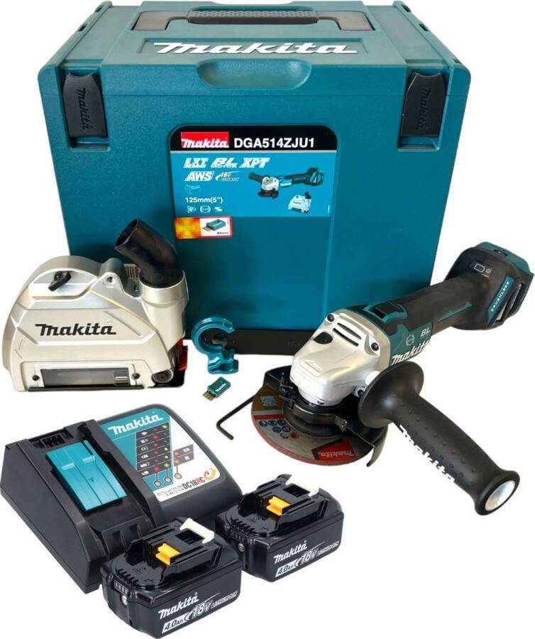 Makita DGA 514 RMJU1 accu haakse slijper 18 V 125 mm borstelloos + 2x accu 4.0 Ah + lader + Makpac