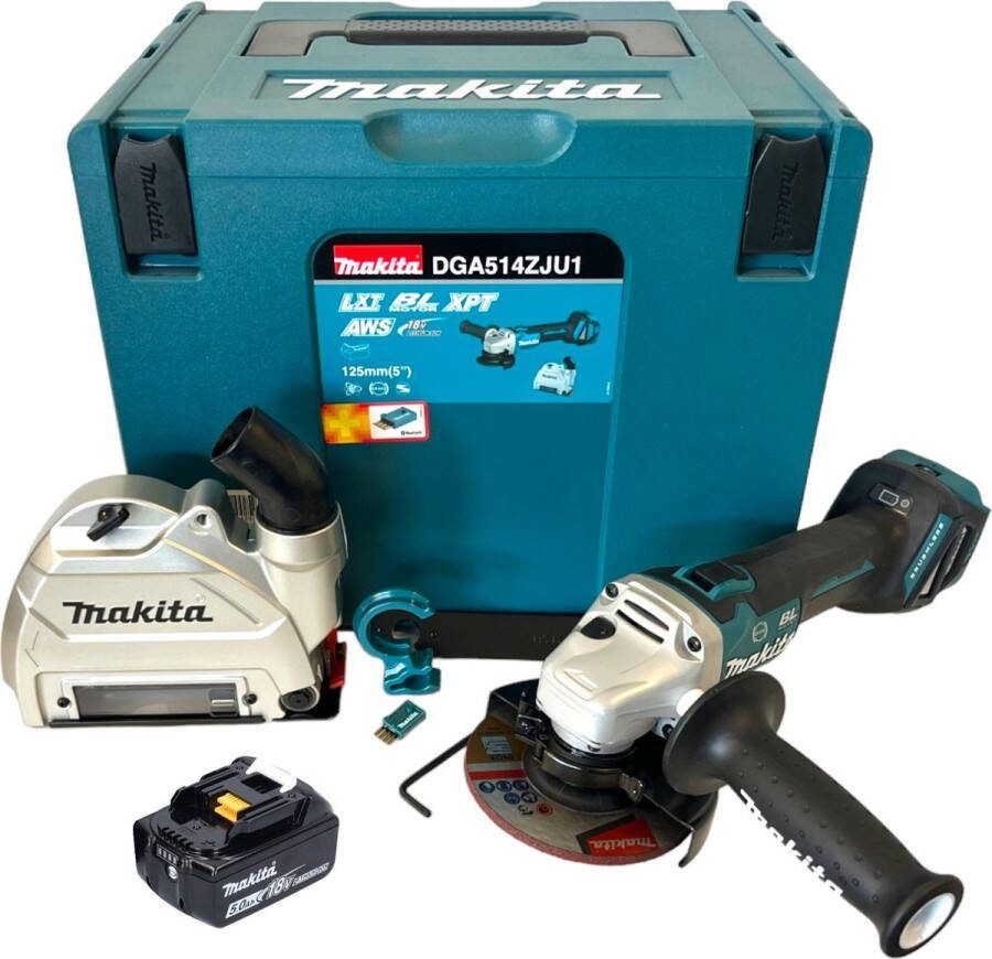 Makita DGA 514 T1JU1 Snoerloze haakse slijper 18 V 125 mm borstelloos + 1x oplaadbare accu 5.0 Ah + Makpac zonder lader